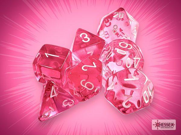 Translucent Polyhedral Pink/white 7 Die Set - Chessex - DiceEmporium.com