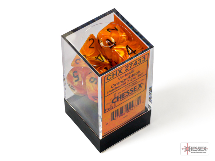 Chessex Vortex Orange Black 7 Dice Set In Packaging.