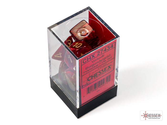 Chessex Vortex Burgundy Gold 7 Dice Set In Packaging.