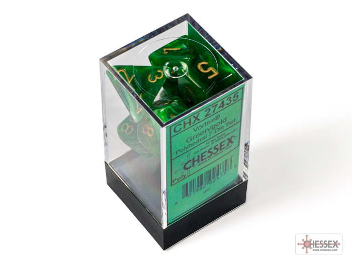 Chessex Vortex Green Gold 7 Dice Set In Packaging.