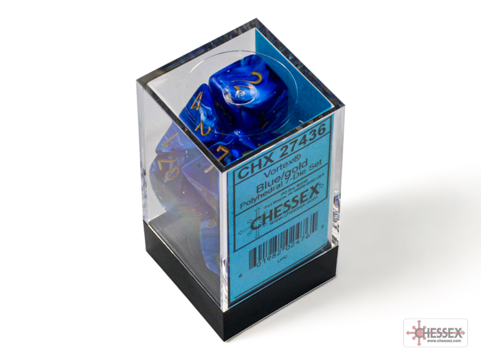 Chessex Vortex Blue Gold 7 Dice Set In Packaging.