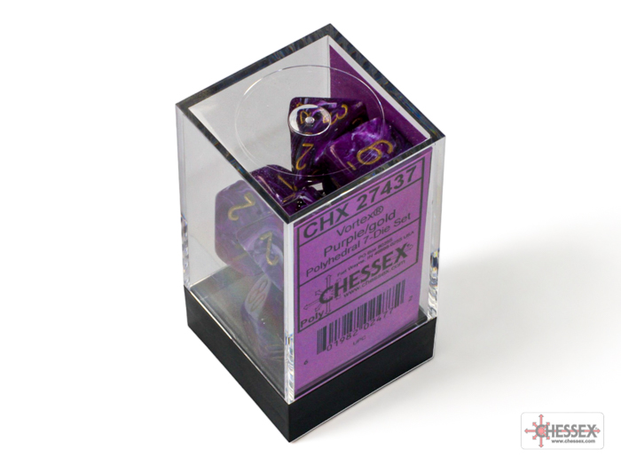 Chessex Vortex Purple Gold 7 Dice Set In Packaging.