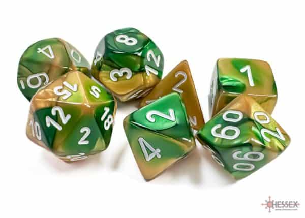 Gemini Gold-Green/white Polyhedral 7-Dice Set 26425 - dice emporium