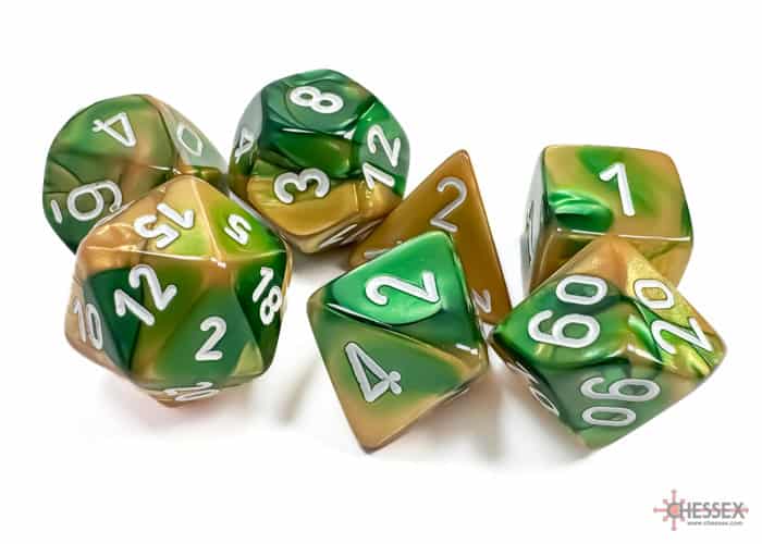 Gemini Gold-Green/white Polyhedral 7-Dice Set 26425 - dice emporium