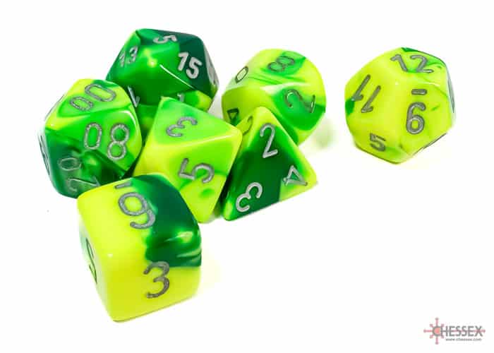 Gemini Green-Yellow/silver Polyhedral 7-Dice Set 26454 - dice emporium