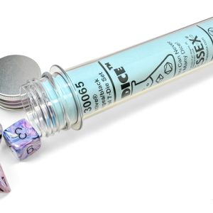 Chessex Lab Festive Hydrangea Black 7 Dice Plus 16mm die in packaging.