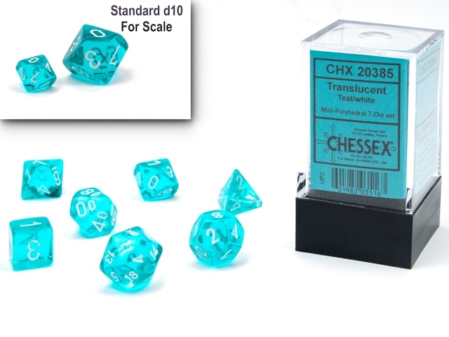 Translucent Mini-Polyhedral Teal/white 7-Die Set - DiceEmporium.com