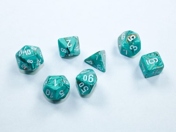 Marble Mini-Polyhedral Oxi-Copper/white 7-Die Set - DiceEmporium.com