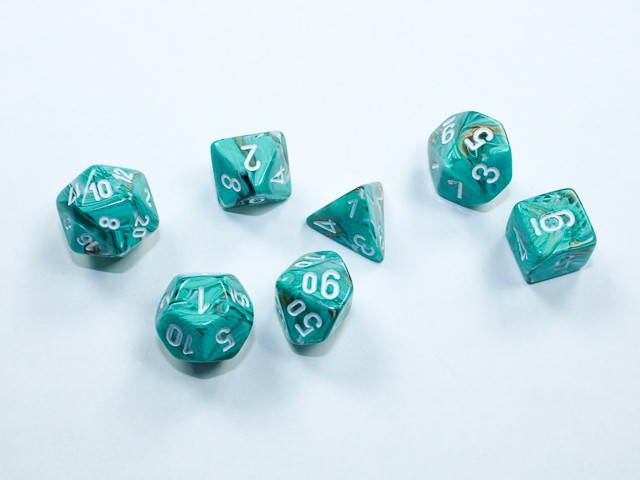 Marble Mini-Polyhedral Oxi-Copper/white 7-Die Set - DiceEmporium.com