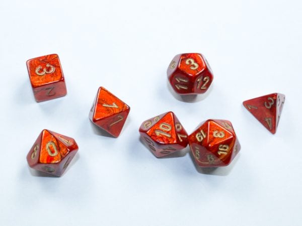 Scarab Mini-Polyhedral Scarlet/gold 7-Die Set - DiceEmporium.com