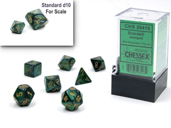 Scarab Mini-Polyhedral Jade/gold 7-Die Set - DiceEmporium.com