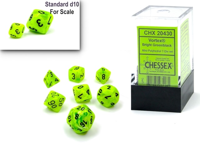 Vortex Mini-Polyhedral Bright Green/black 7-Die Set - DiceEmporium.com