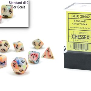 Festive Mini-Polyhedral Circus/black 7-Die Set - DiceEmporium.com