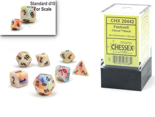 Festive Mini-Polyhedral Circus/black 7-Die Set - DiceEmporium.com