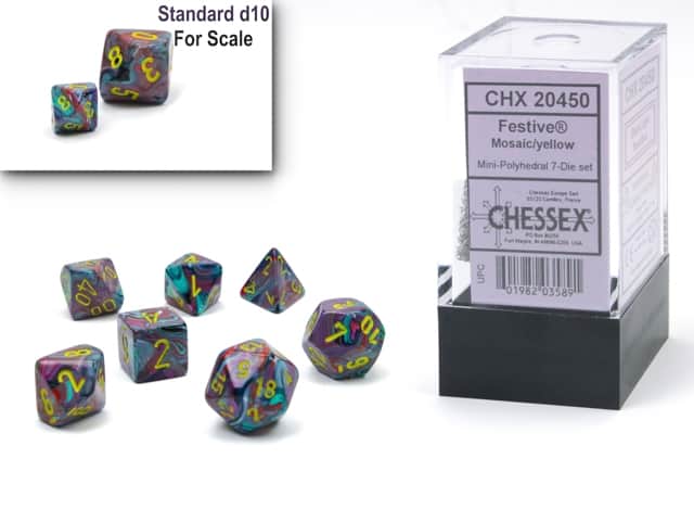 Festive Mini-Polyhedral Mosaic/yellow 7-Die Set - DiceEmporium.com