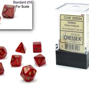 Glitter Mini-Polyhedral Ruby Red/gold 7-Die Set - DiceEmporium.com