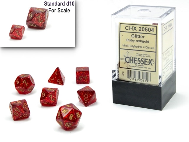 Glitter Mini-Polyhedral Ruby Red/gold 7-Die Set - DiceEmporium.com