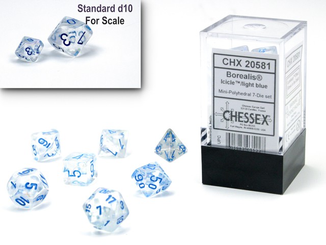 Borealis Mini-Polyhedral Icicle/light blue luminary 7-Die Set - DiceEmporium.com