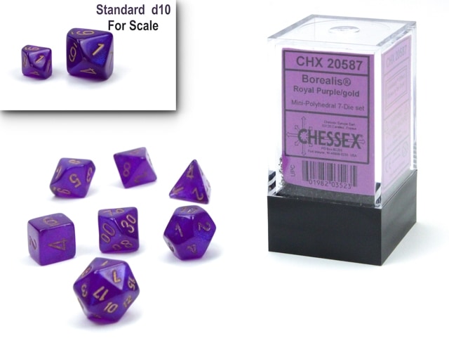 Borealis Mini-Polyhedral Royal Purple/gold 7-Die Set - DiceEmporium.com