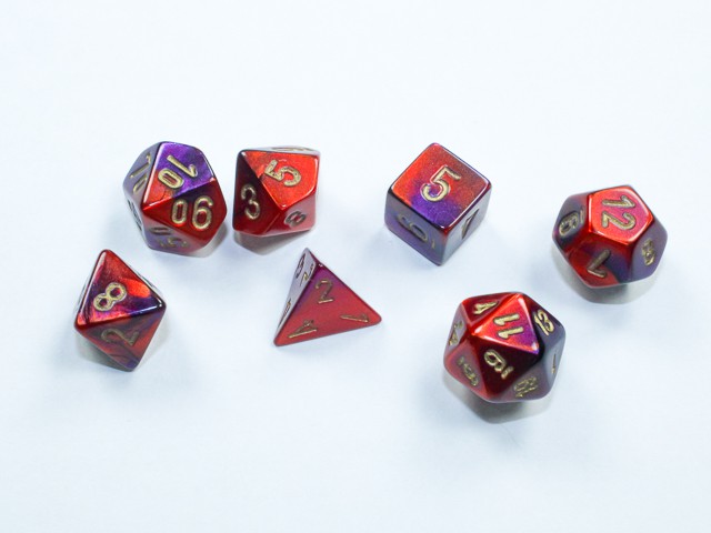 Gemini Mini-Polyhedral Purple-Red/gold 7-Die Set - DiceEmporium.com