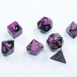 Gemini Mini-Polyhedral Black-Purple/gold 7 die set - DiceEmporium.com