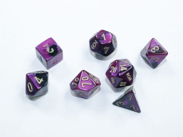 Gemini Mini-Polyhedral Black-Purple/gold 7 die set - DiceEmporium.com