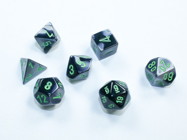 Gemini Mini-Polyhedral Black-Grey/green 7 die set - DiceEmporium.com