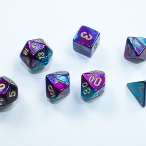 Gemini Mini-Polyhedral Purple-Teal/gold 7 die set - DiceEmporium.com