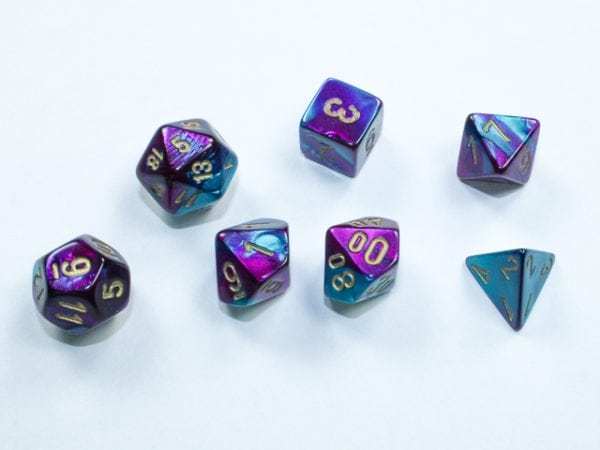 Gemini Mini-Polyhedral Purple-Teal/gold 7 die set - DiceEmporium.com