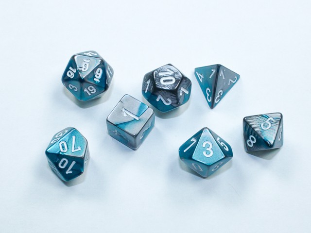 Gemini Mini-Polyhedral Steel-Teal/white 7 die set - DiceEmporium.com