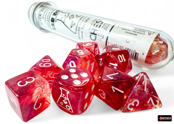 Borealis Passion/white Luminary 7-die set - Dice Emporium