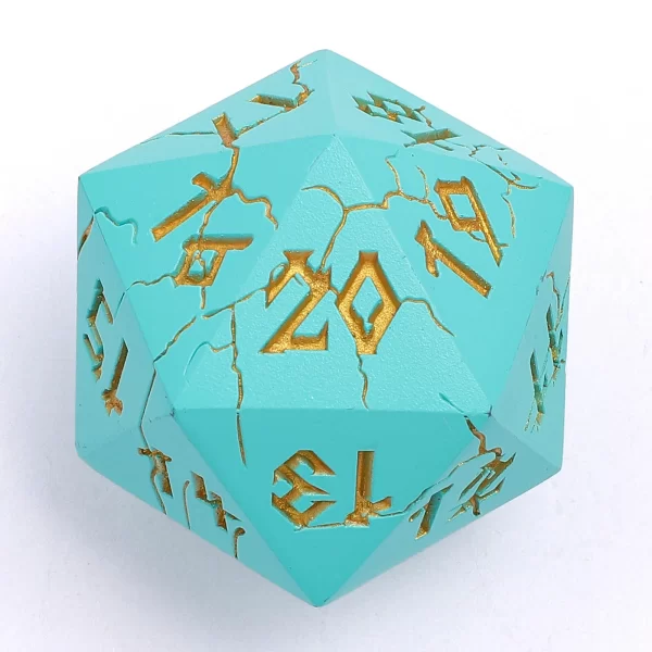 d20 35mm Barbarian Turqouise Gold Spin down - Dice Emporium