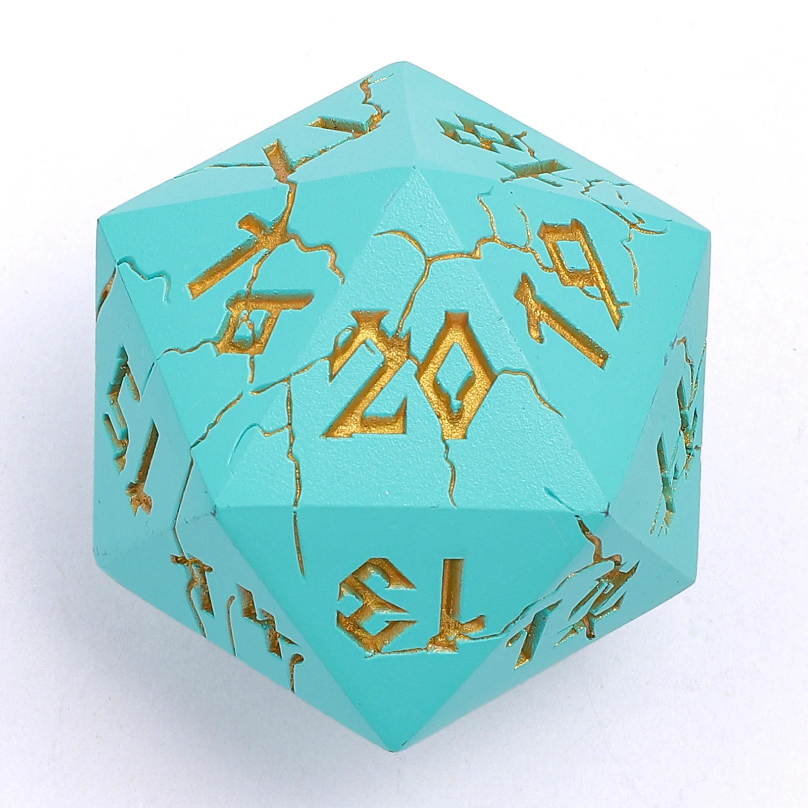 d20 35mm Barbarian Turqouise Gold Spin down - Dice Emporium