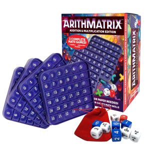 ArithMatrix 3-in-1 math dice game with four reusable silicone pop mats, custom dice, storage bag and retail box