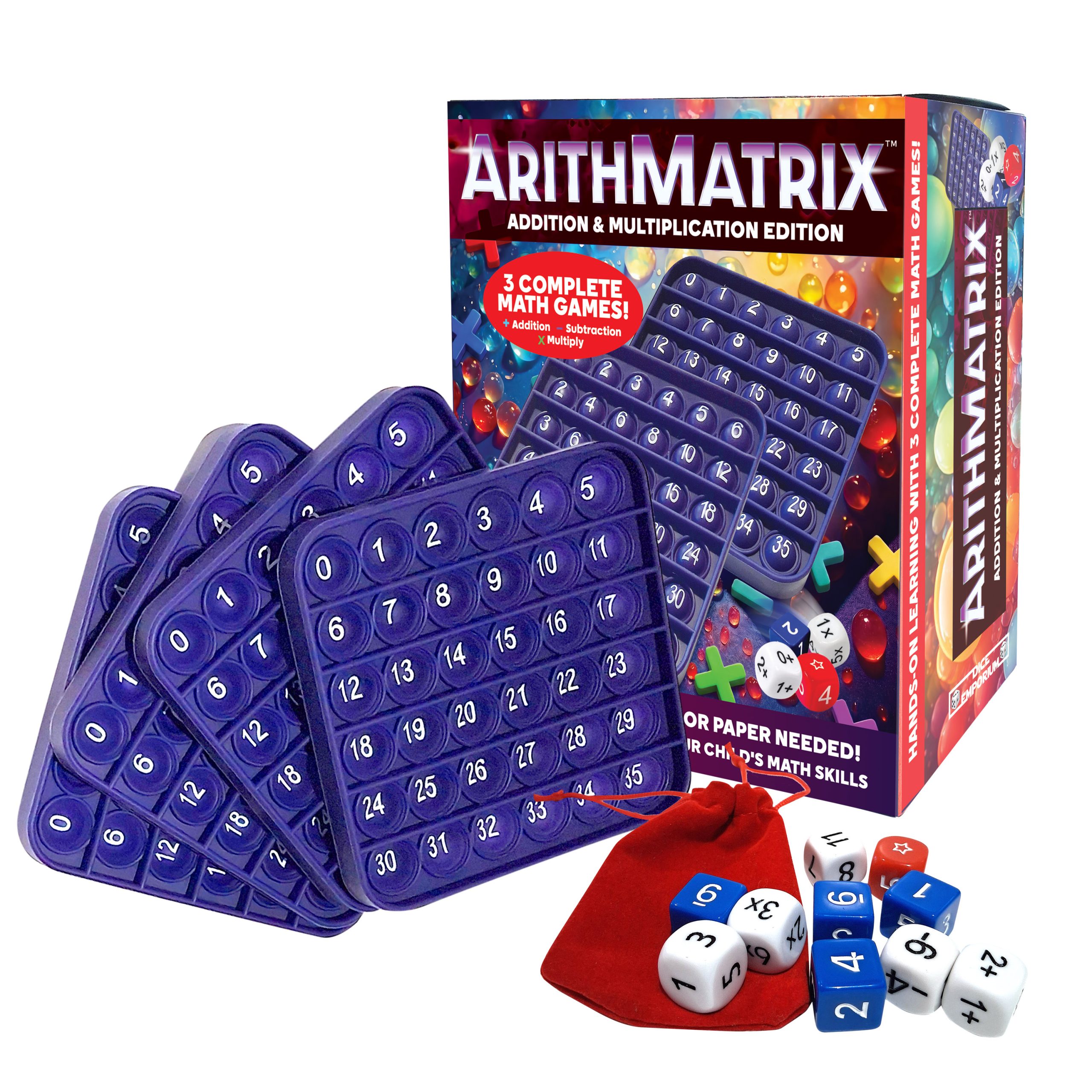 ArithMatrix 3-in-1 math dice game with four reusable silicone pop mats, custom dice, storage bag and retail box