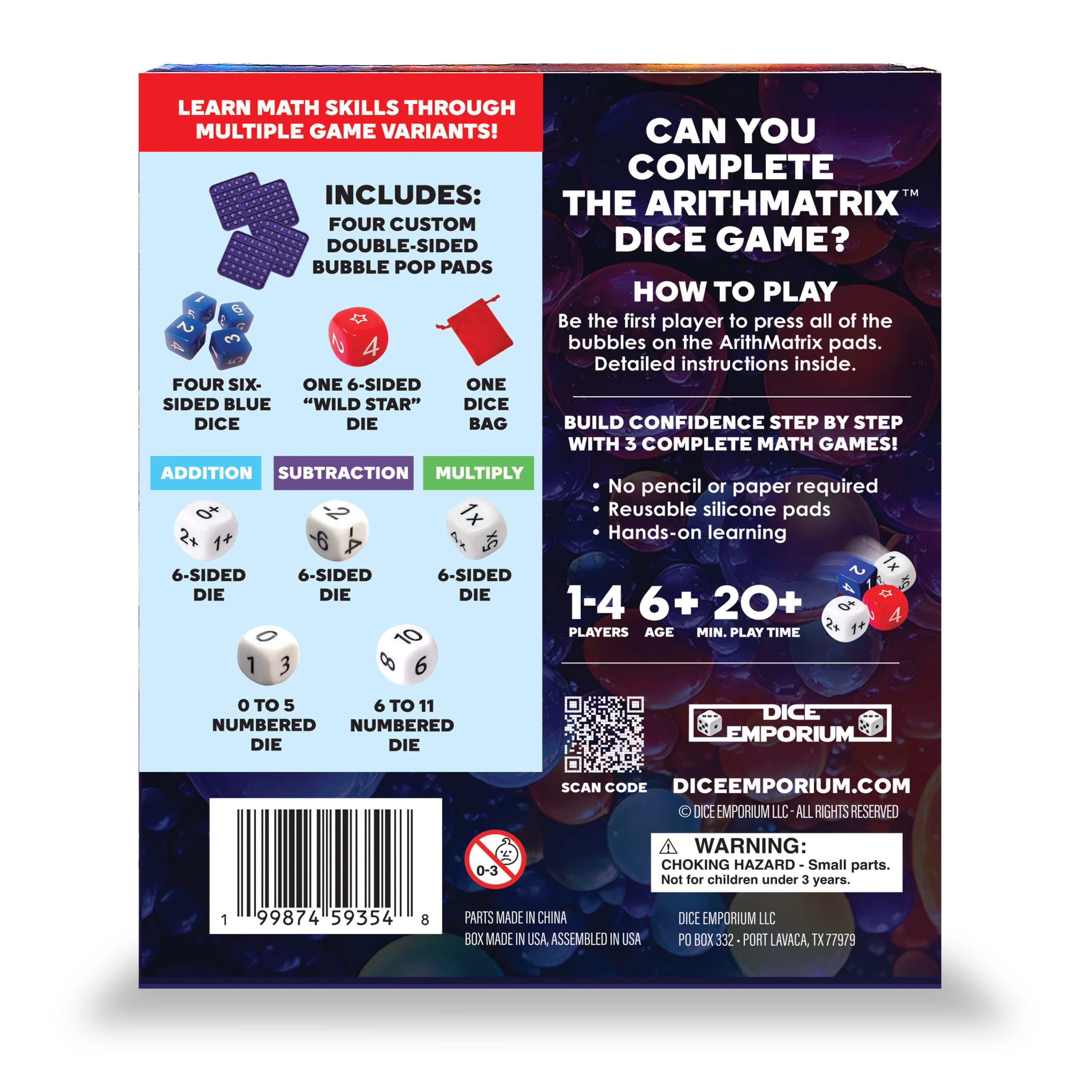 Back of ArithMatrix game box showing included components and game information