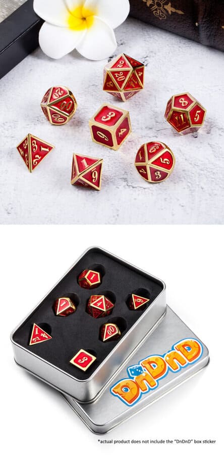 Red and Gold 7 Piece Metal & Enamel Dice Set - DiceEmporium.com