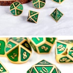 Green and Gold 7 Piece Metal & Enamel Dice Set - DiceEmporium.com