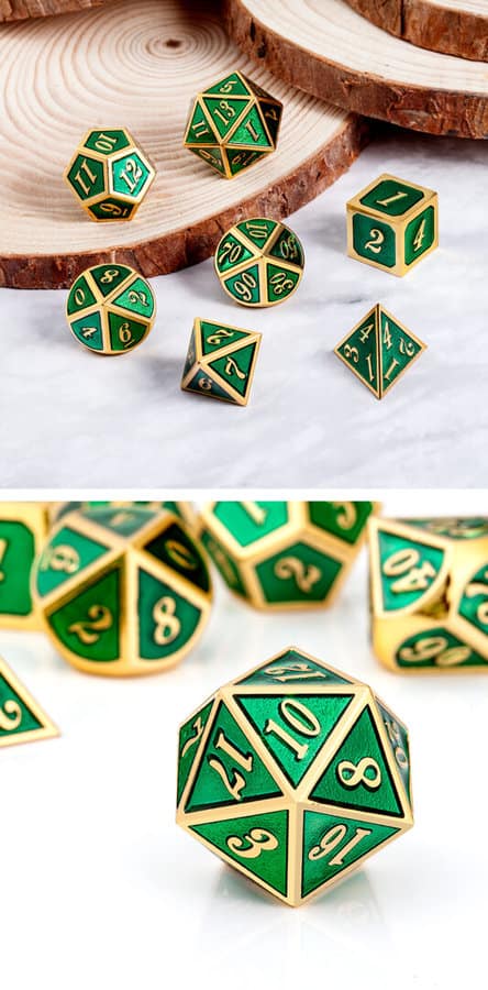 Green and Gold 7 Piece Metal & Enamel Dice Set - DiceEmporium.com