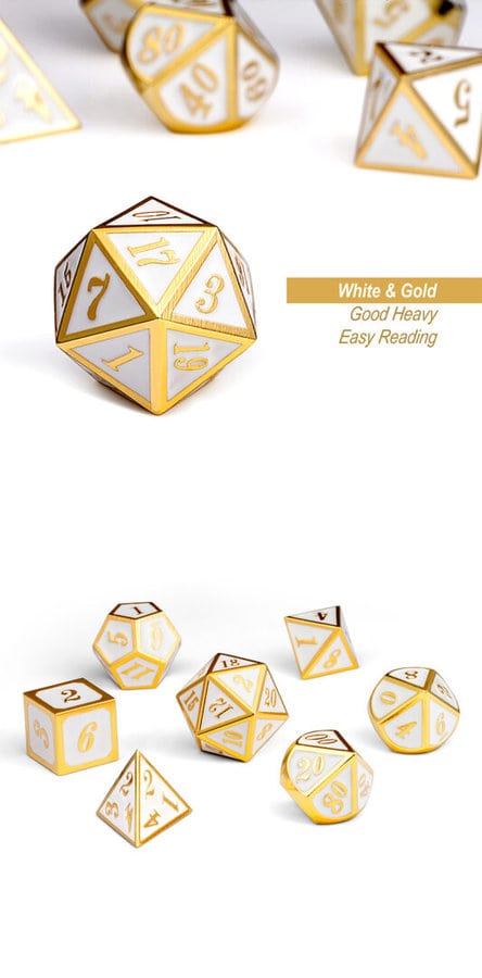 White and Gold 7 Piece Metal & Enamel Dice Set - DiceEmporium.com