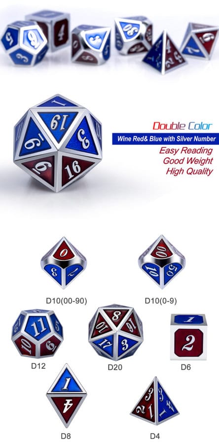 Burgundy and Blue 7 Piece Metal & Enamel Dice Set - DiceEmporium.com