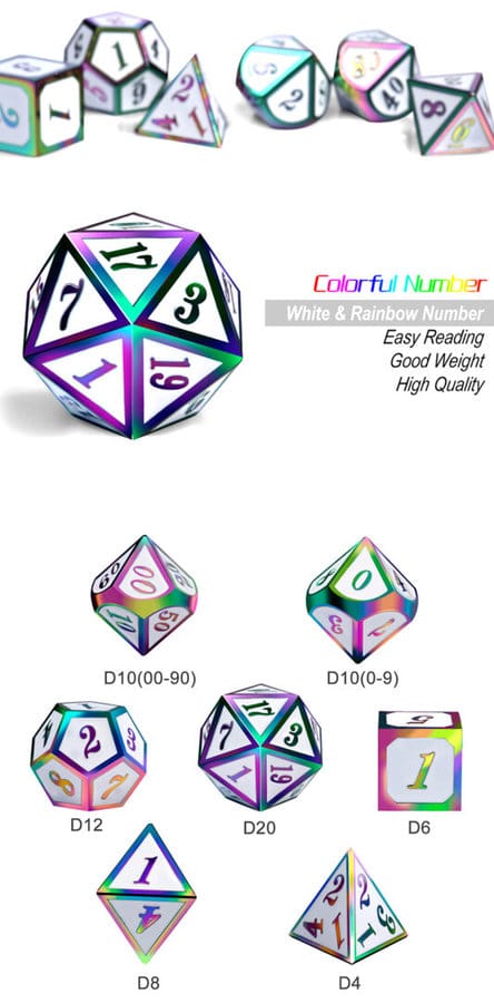 White Iridescence 7 Piece Metal & Enamel Dice Set - DiceEmporium.com