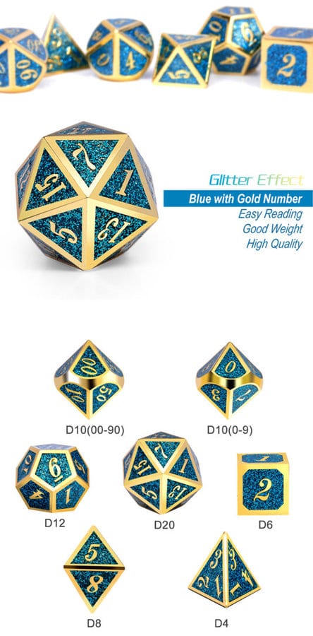 Teal Glitter 7 Piece Metal & Enamel Dice Set - DiceEmporium.com