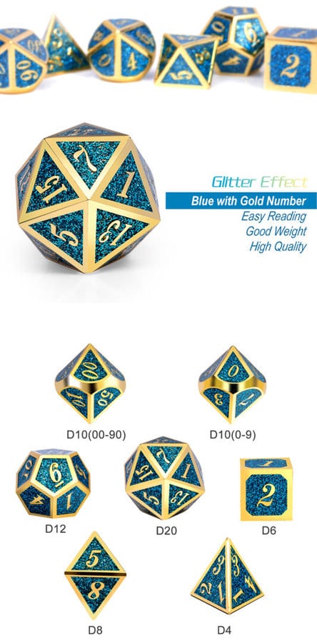 Teal Glitter 7 Piece Metal & Enamel Dice Set - DiceEmporium.com