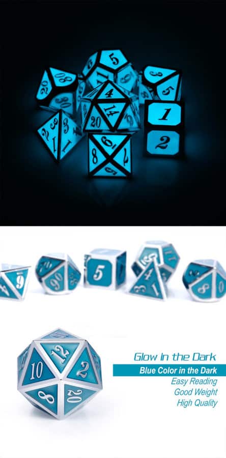 Blue Glow in Dark 7 Piece Metal & Enamel Dice Set - DiceEmporium.com