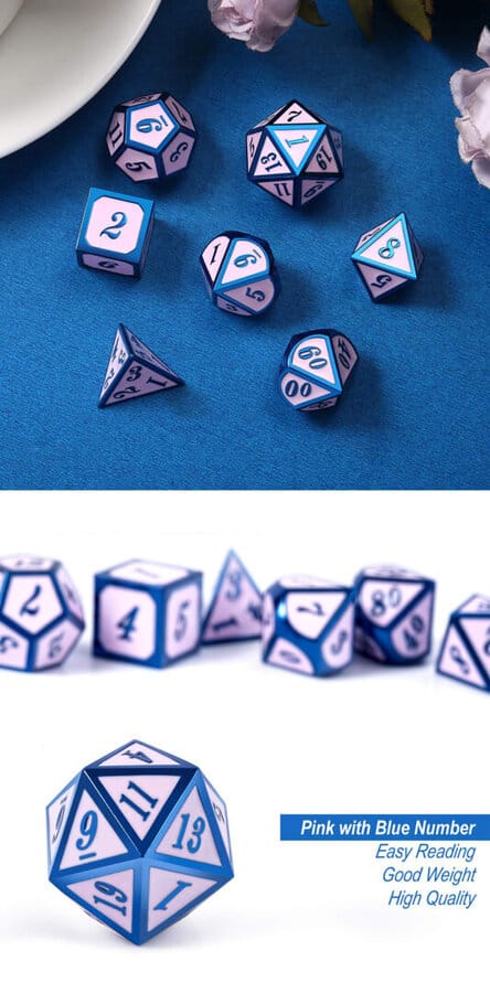 Pink and Blue 7 Piece Metal & Enamel Dice Set - DiceEmporium.com