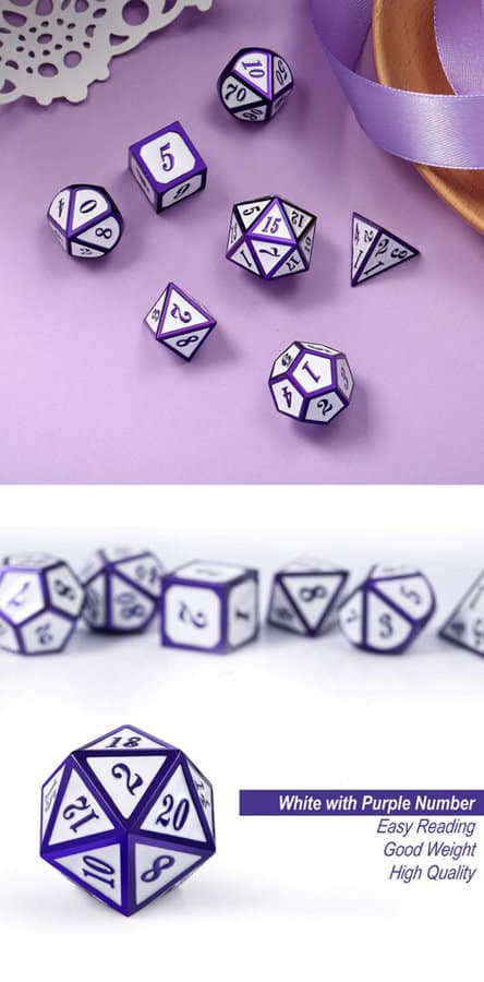 White and Purple 7 Piece Metal & Enamel Dice Set - DiceEmporium.com