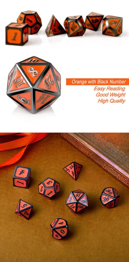 Orange and Gunmetal 7 Piece Metal & Enamel Dice Set - DiceEmporium.com