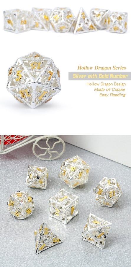 Hollow Dice Set (7pcs) Dragon Silver & Gold - The Dice Emporium