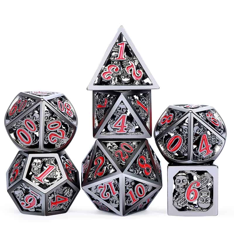 Hollow Dice Set (7pcs) Skull Gunmetal & Red - The Dice Emporium